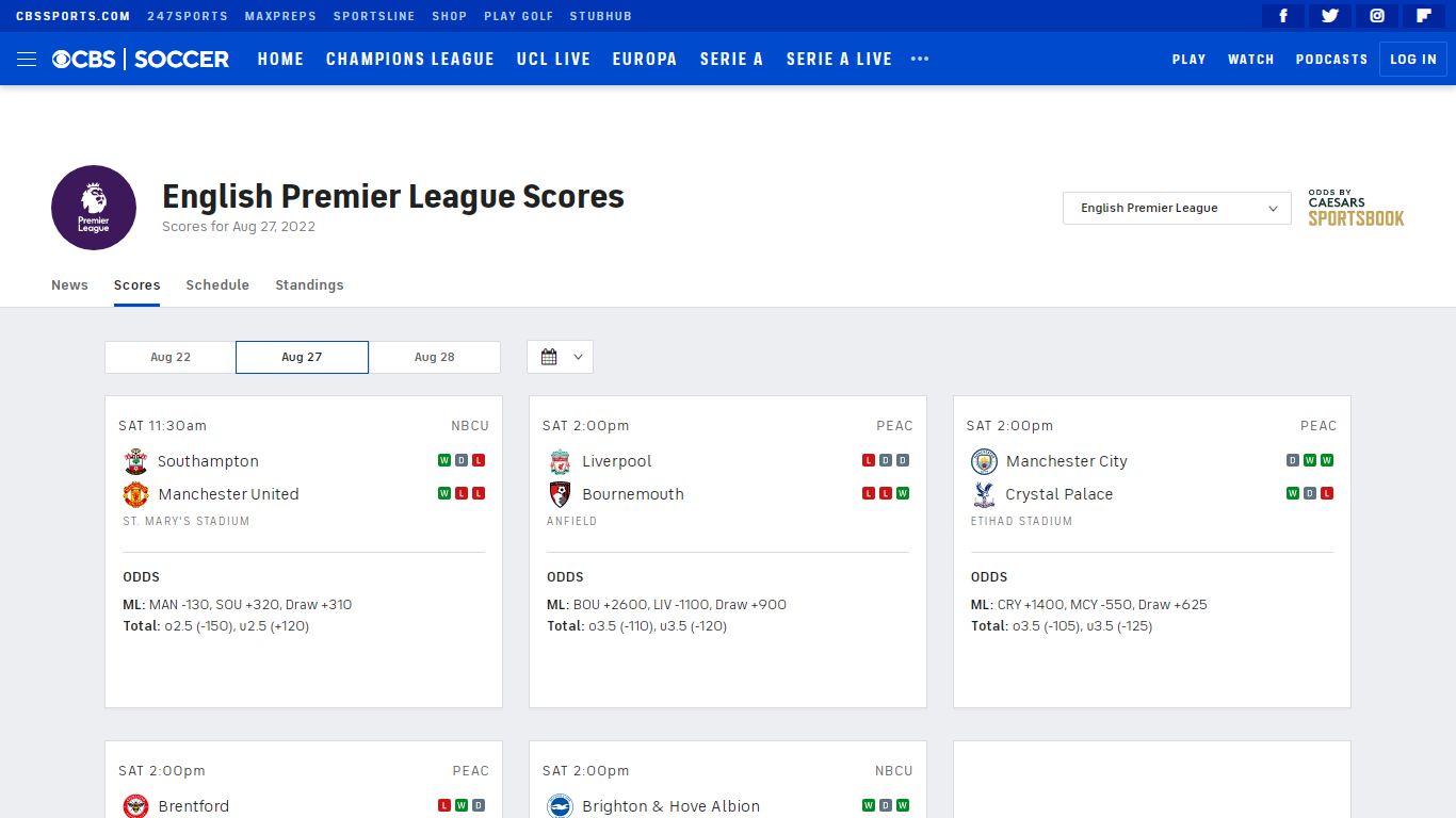 English Premier League Scores - Soccer Match Results