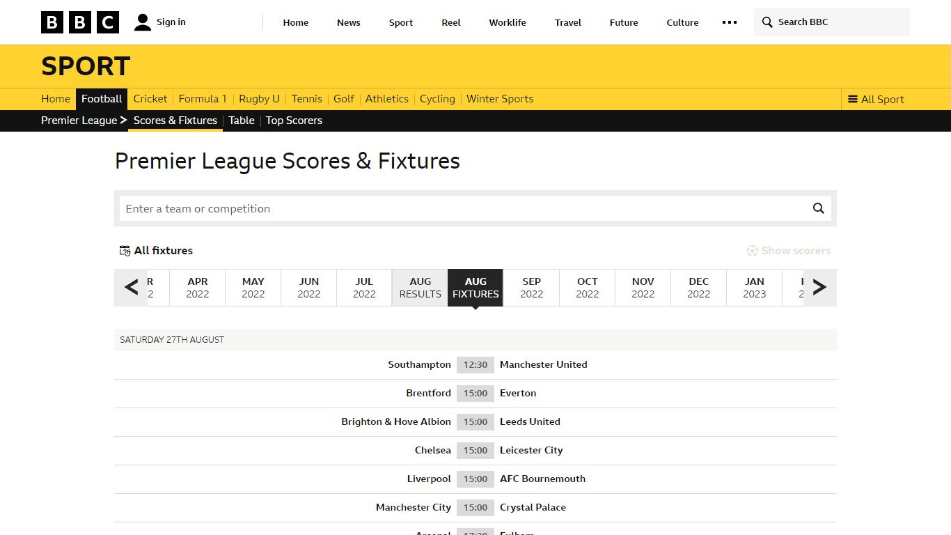 Premier League - Scores & Fixtures - Football - BBC Sport