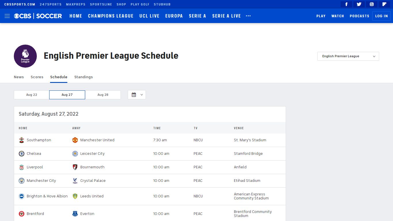 English Premier League Schedule: Fixtures and results